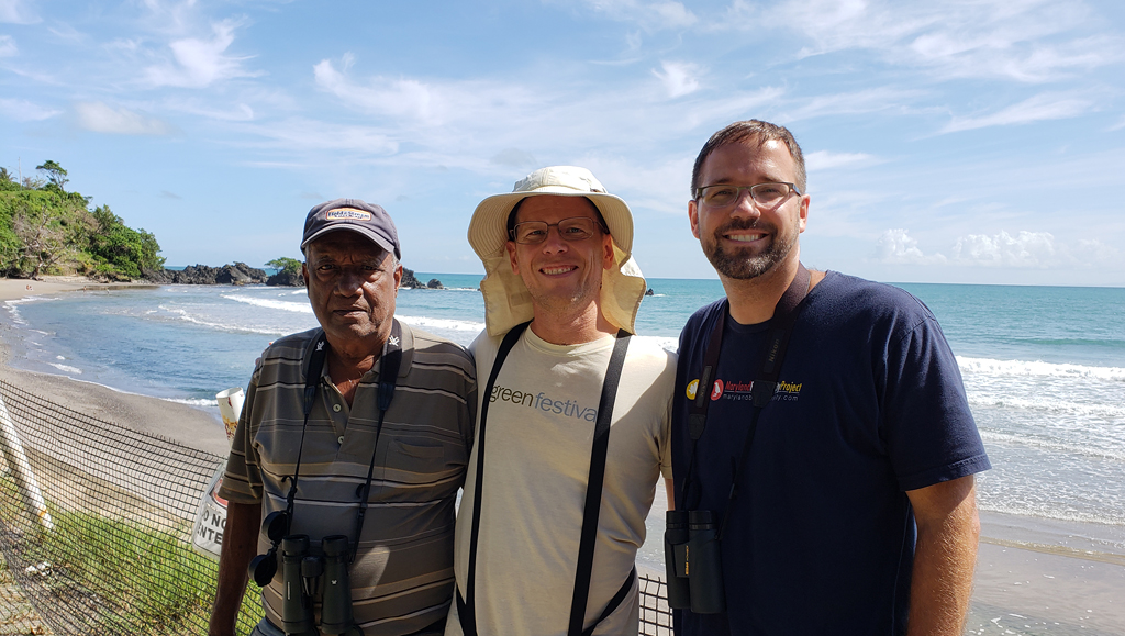 Me, Mike Ostrowski and Roodal Ramlal birding our way back along the coast from a successful Pawi chase. Photo by Bill Hubick.